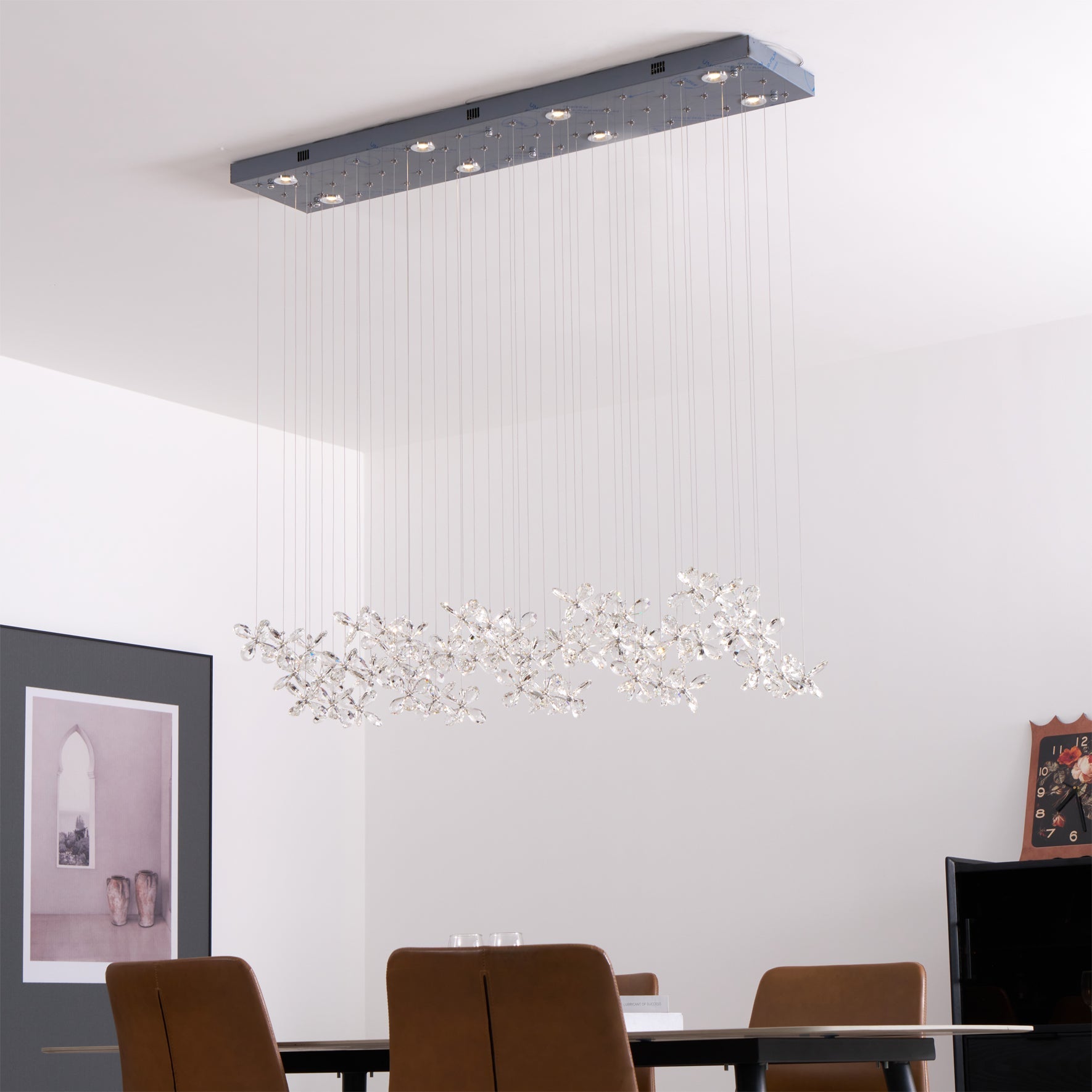 Floating Butterfly Chandelier - Long Canopy L 39.4″ x H 9.8″ x H 59.1″Silver & ClearWarm LightBlushlighting