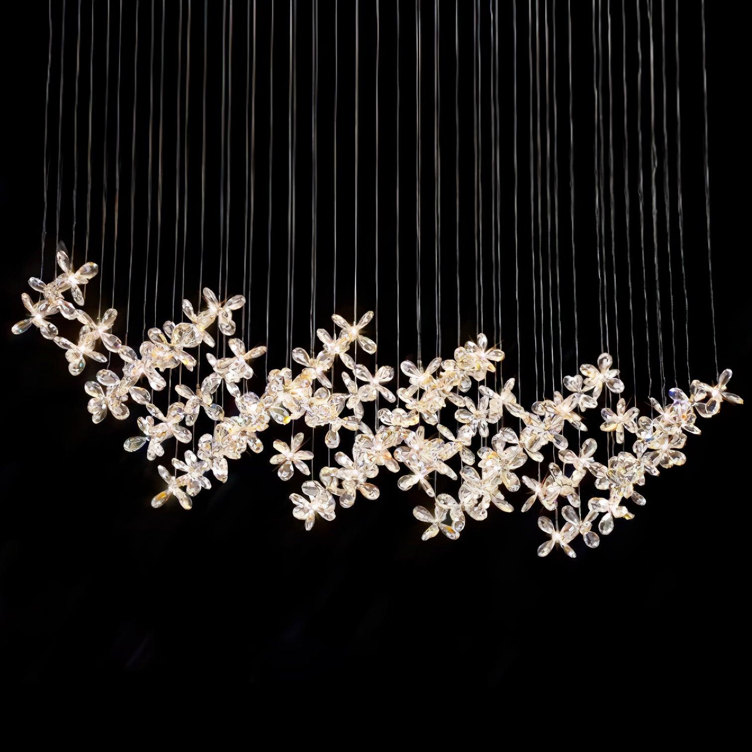 Floating Butterfly Chandelier - Long Canopy L 39.4″ x H 9.8″ x H 59.1″Silver & ClearWarm LightBlushlighting