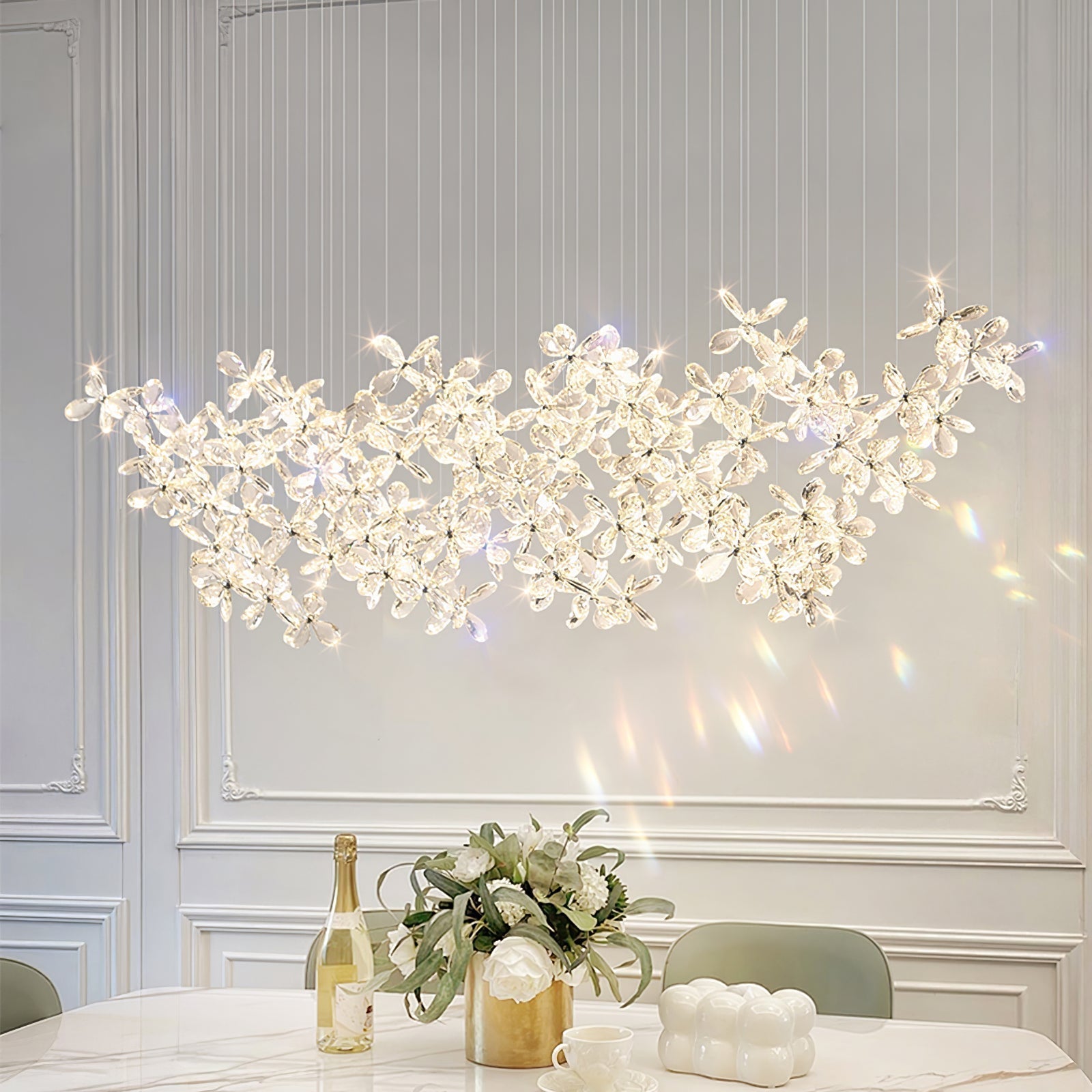 Floating Butterfly Chandelier - Long Canopy L 39.4″ x H 9.8″ x H 59.1″Silver & ClearWarm LightBlushlighting