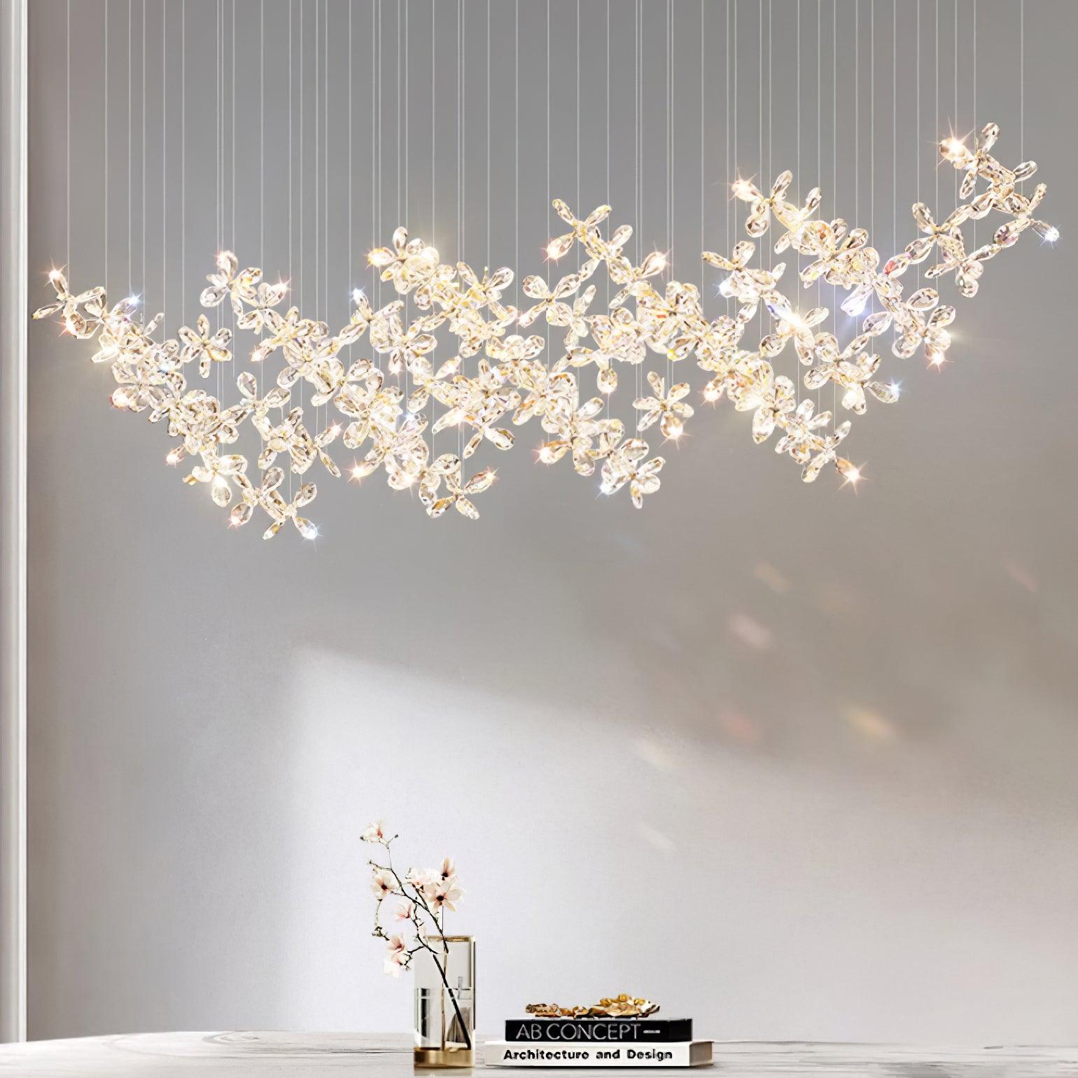 Floating Butterfly Chandelier - Long Canopy L 39.4″ x H 9.8″ x H 59.1″Silver & ClearWarm LightBlushlighting