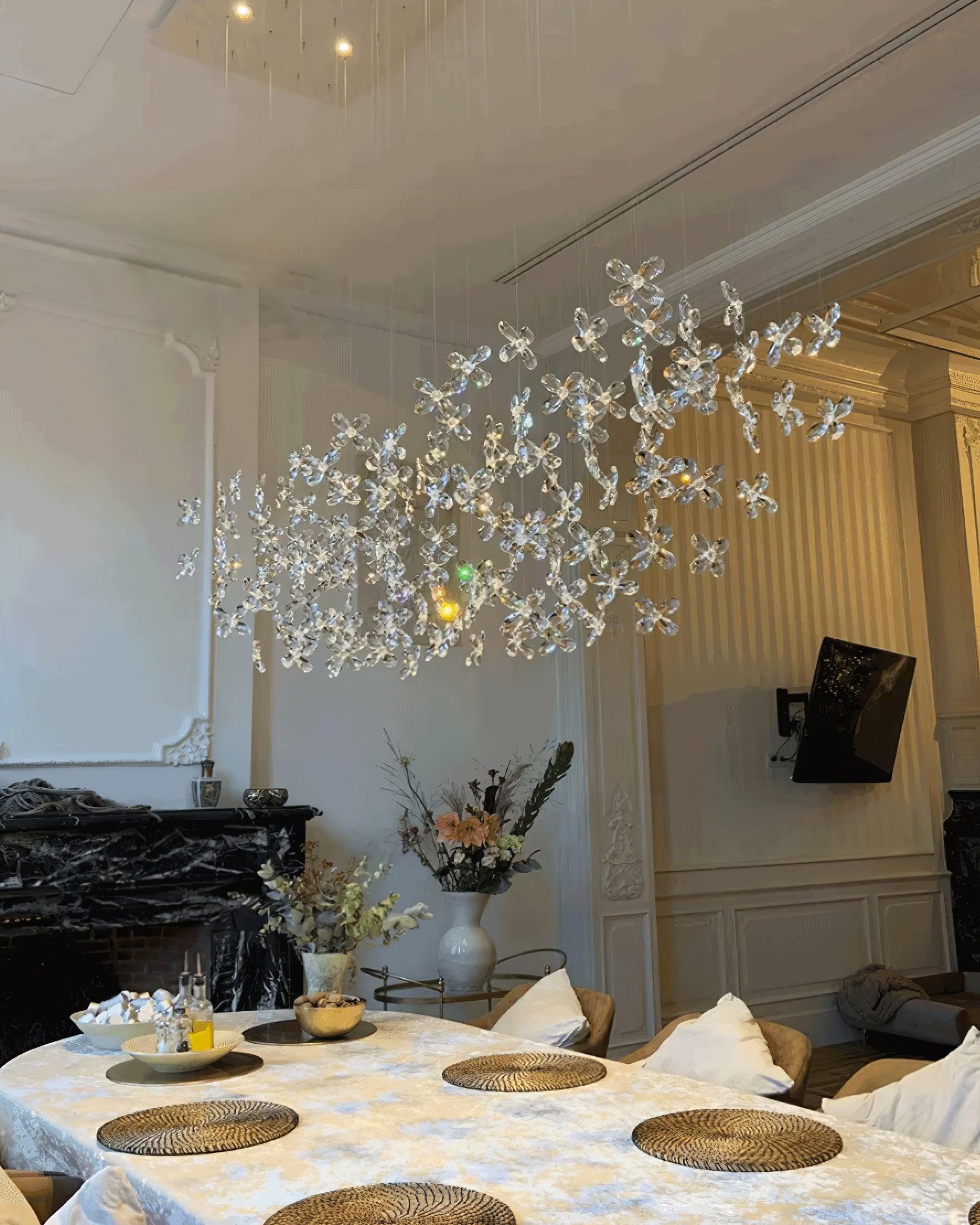 Floating Butterfly Chandelier - Long Canopy L 39.4″ x H 9.8″ x H 59.1″Silver & ClearWarm LightBlushlighting
