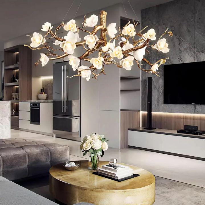 Flower Bloom Branch Brass Chandelier - Brass and WhiteDia 39.4″(100cm) x H 15.7″(40cm)Blushlighting