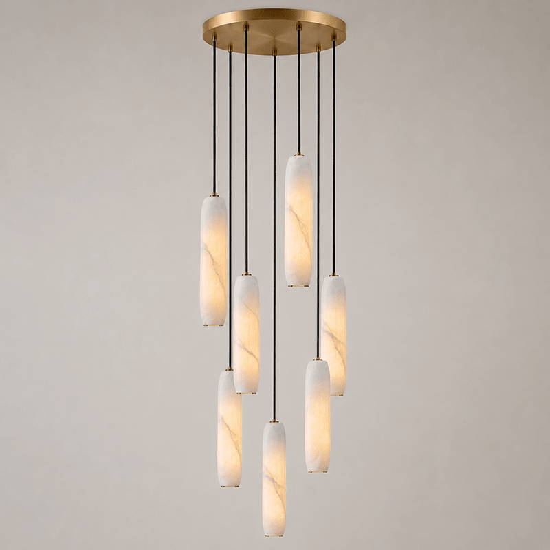 Flute Alabaster Chandelier - 7 headsBrass & WhiteBlushlighting