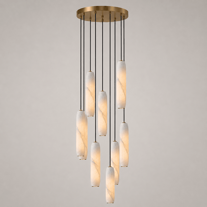 Flute Alabaster Chandelier - 9 headsBrass & WhiteBlushlighting