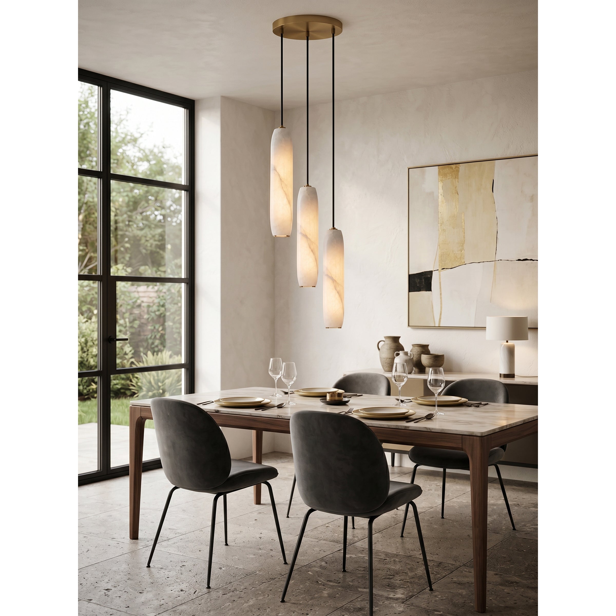Flute Alabaster Chandelier - 2 headsBrass & WhiteBlushlighting