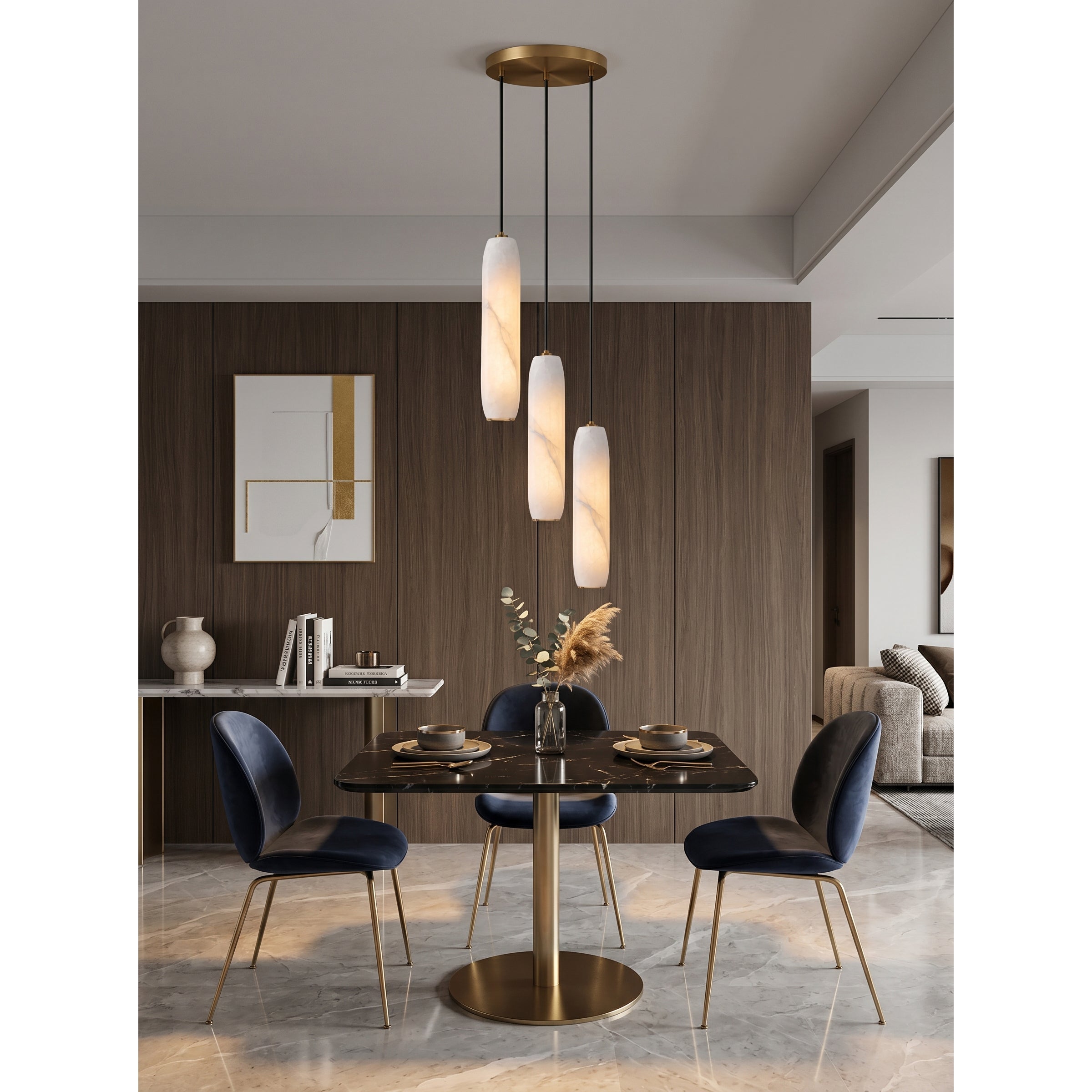 Flute Alabaster Chandelier - 2 headsBrass & WhiteBlushlighting