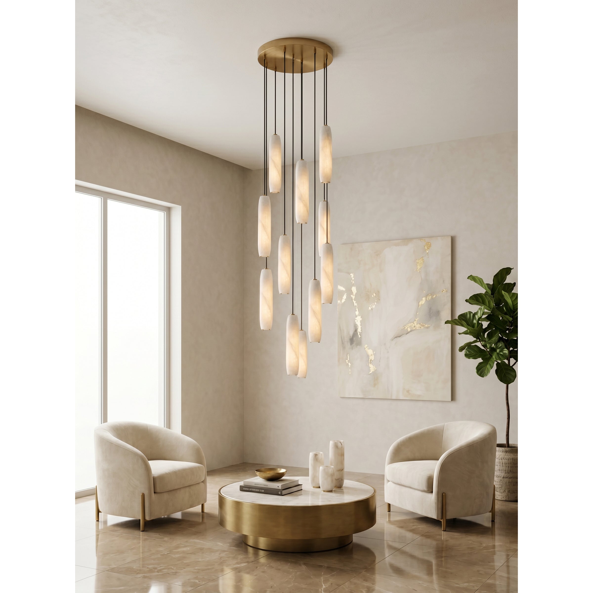 Flute Alabaster Chandelier - 2 headsBrass & WhiteBlushlighting
