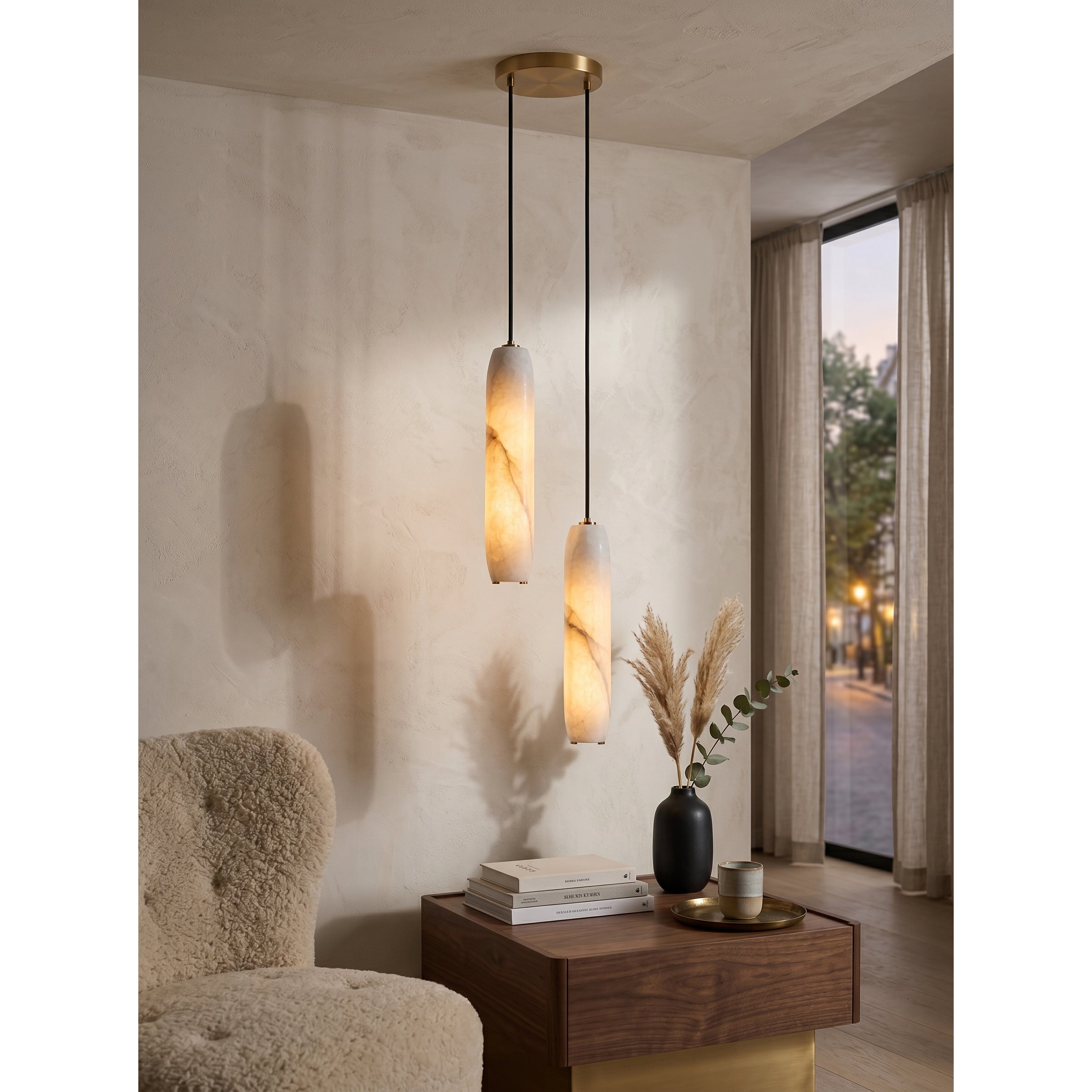 Flute Alabaster Chandelier - 2 headsBrass & WhiteBlushlighting