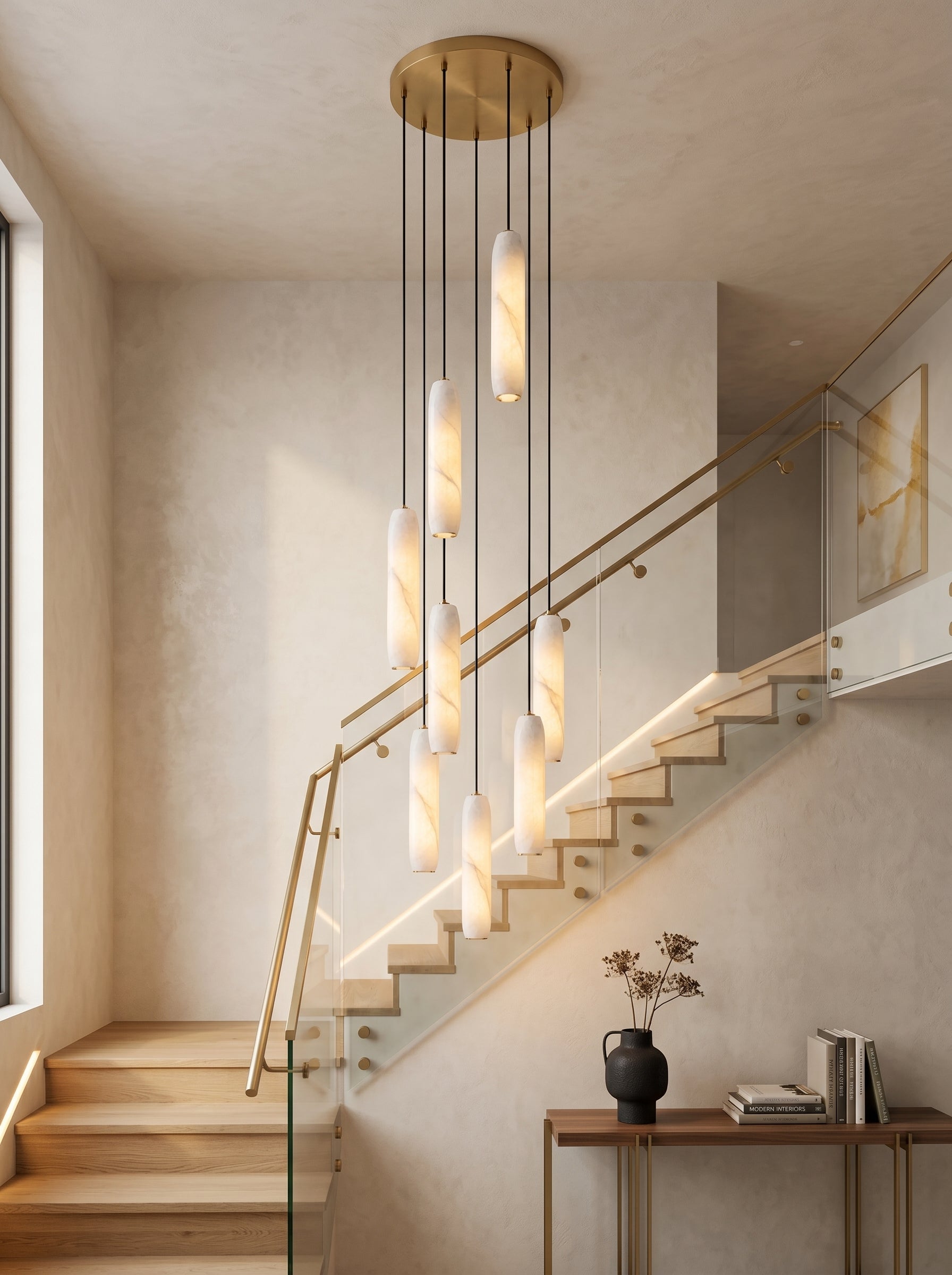 Flute Alabaster Chandelier - 2 headsBrass & WhiteBlushlighting