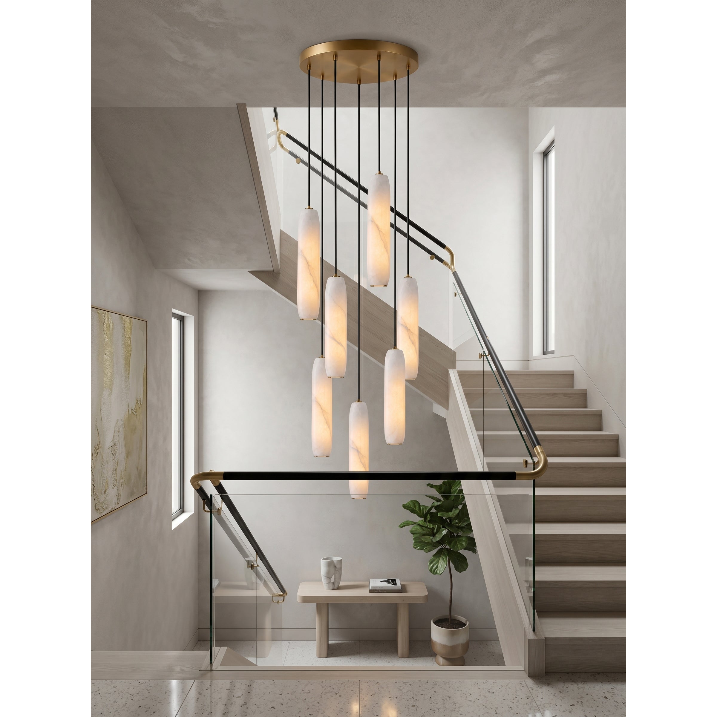 Flute Alabaster Chandelier - 2 headsBrass & WhiteBlushlighting