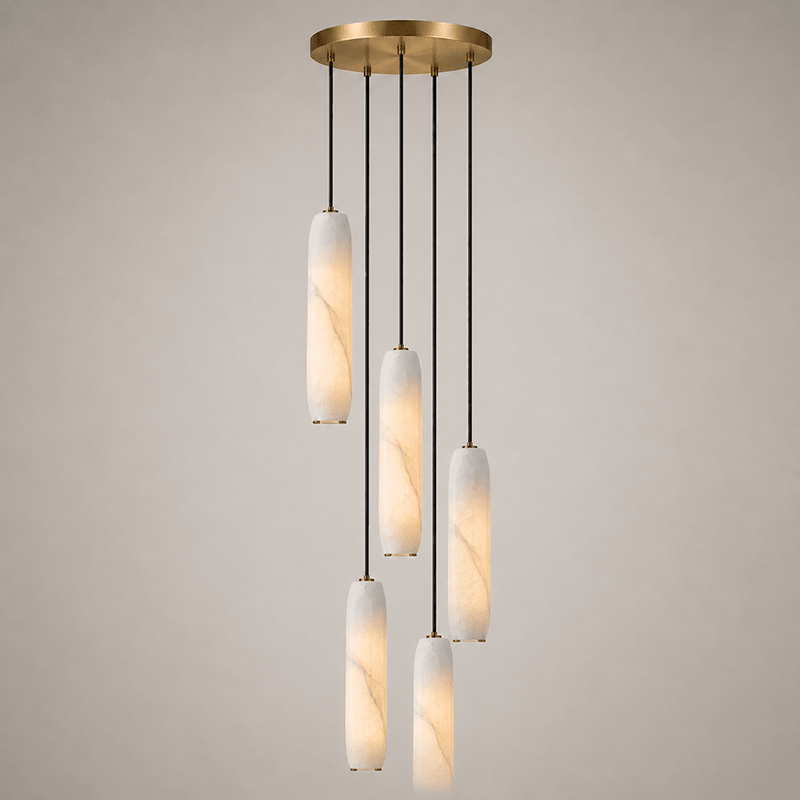 Flute Alabaster Chandelier - 5 headsBrass & WhiteBlushlighting