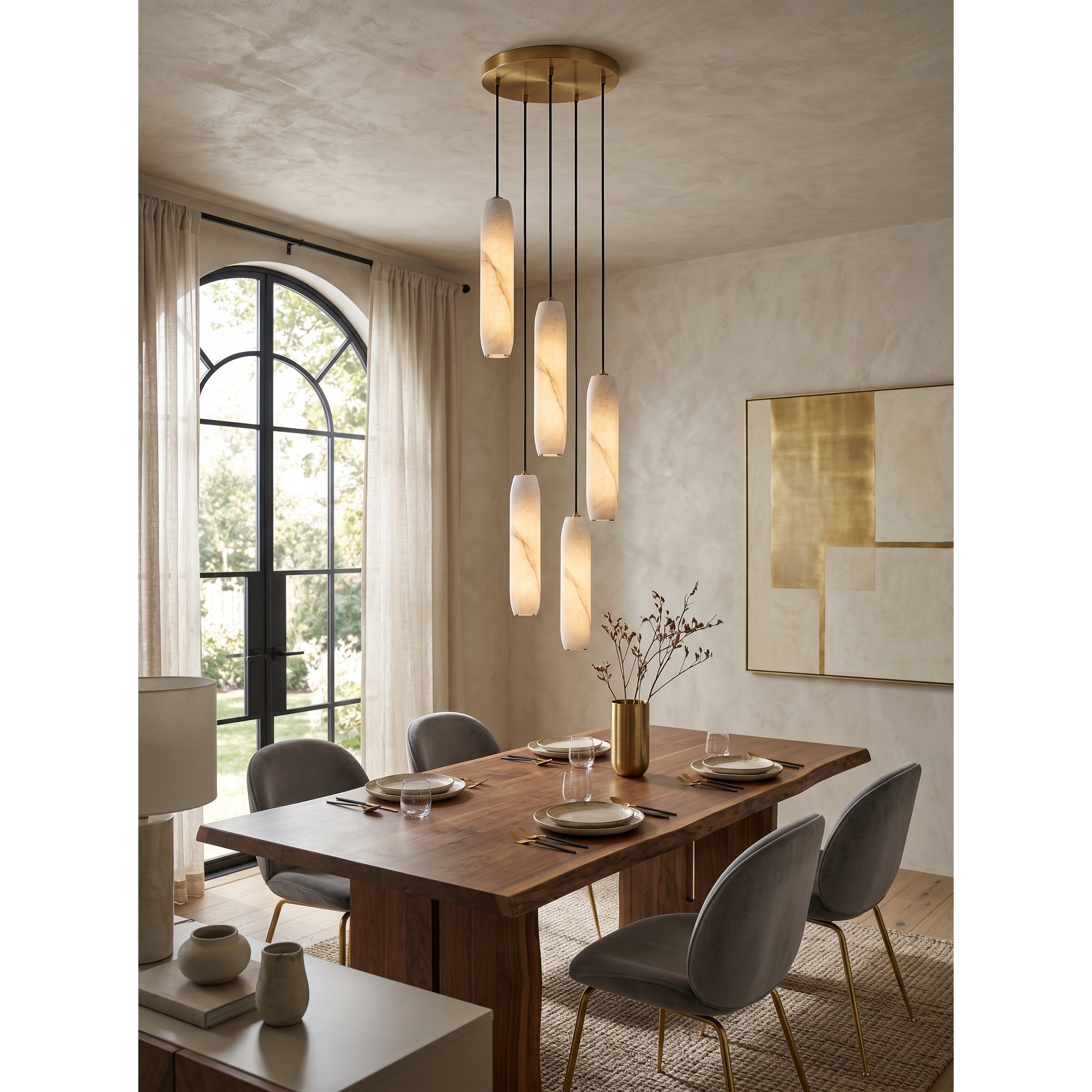Flute Alabaster Chandelier - 2 headsBrass & WhiteBlushlighting