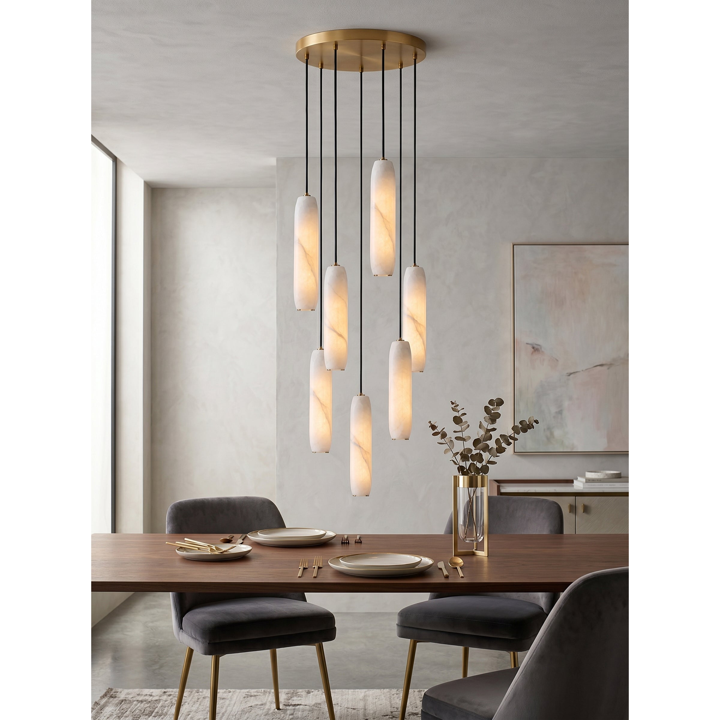 Flute Alabaster Chandelier - 2 headsBrass & WhiteBlushlighting