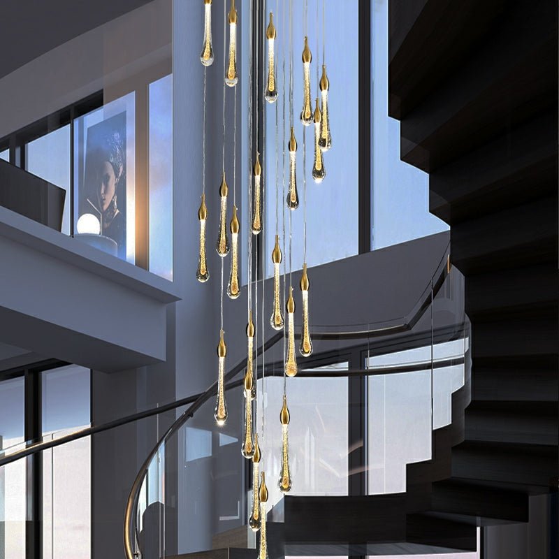 Foyer Glass Drops Pendant Chandelier Spiral Staircase High Ceiling Light Fixture In Gold Finish - 12 Lights/ D15.8"*H118.1"L15.75"Blushlighting