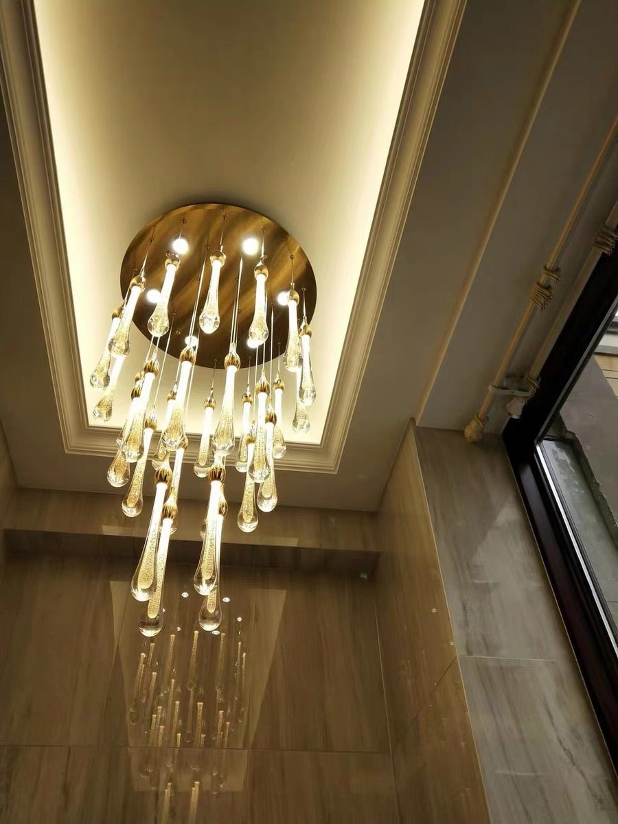 Foyer Glass Drops Pendant Chandelier Spiral Staircase High Ceiling Light Fixture In Gold Finish - 48 Lights/ D39.4"*H118.1"L15.75"Blushlighting