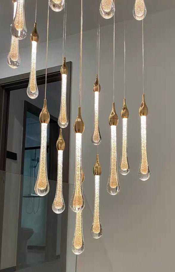 Foyer Glass Drops Pendant Chandelier Spiral Staircase High Ceiling Light Fixture In Gold Finish - 48 Lights/ D39.4"*H118.1"L15.75"Blushlighting