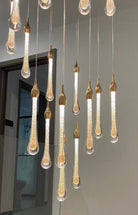 Foyer Glass Drops Pendant Chandelier Spiral Staircase High Ceiling Light Fixture In Gold Finish - 48 Lights/ D39.4"*H118.1"L15.75"Blushlighting