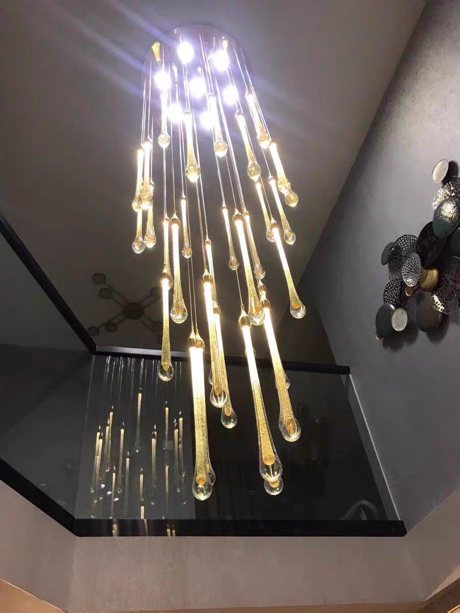 Foyer Glass Drops Pendant Chandelier Spiral Staircase High Ceiling Light Fixture In Gold Finish - 48 Lights/ D39.4"*H118.1"L15.75"Blushlighting