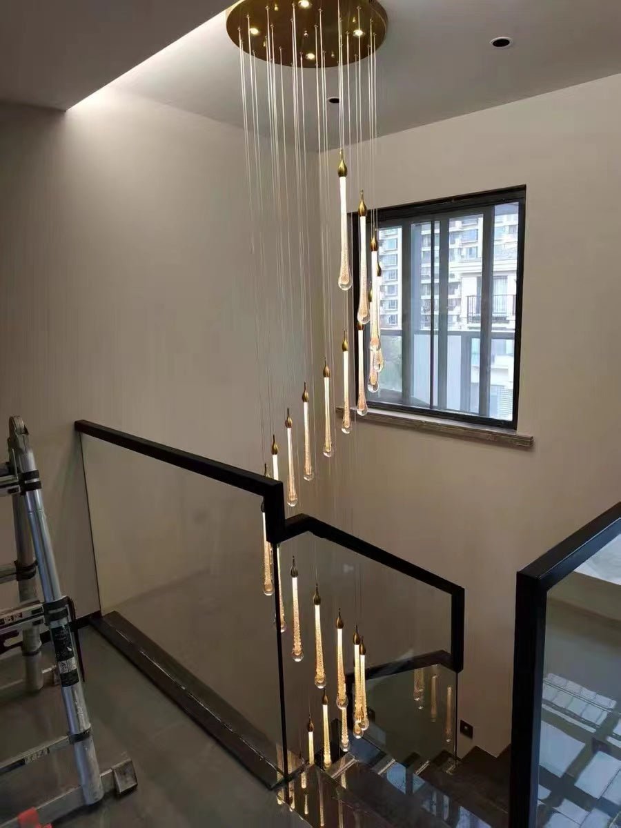 Foyer Glass Drops Pendant Chandelier Spiral Staircase High Ceiling Light Fixture In Gold Finish - 12 Lights/ D15.8"*H118.1"L15.75"Blushlighting