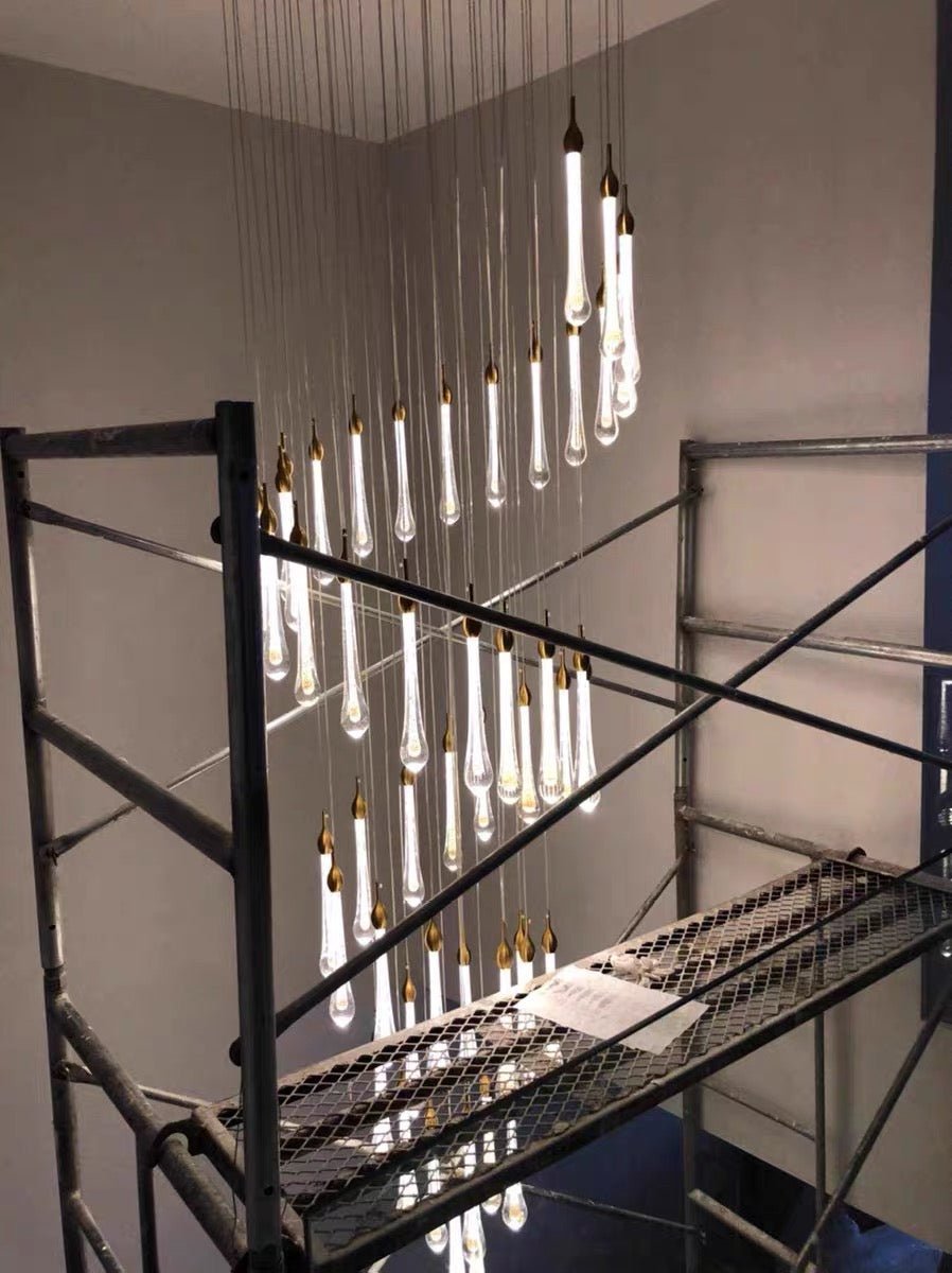 Foyer Glass Drops Pendant Chandelier Spiral Staircase High Ceiling Light Fixture In Gold Finish - 48 Lights/ D39.4"*H118.1"L15.75"Blushlighting