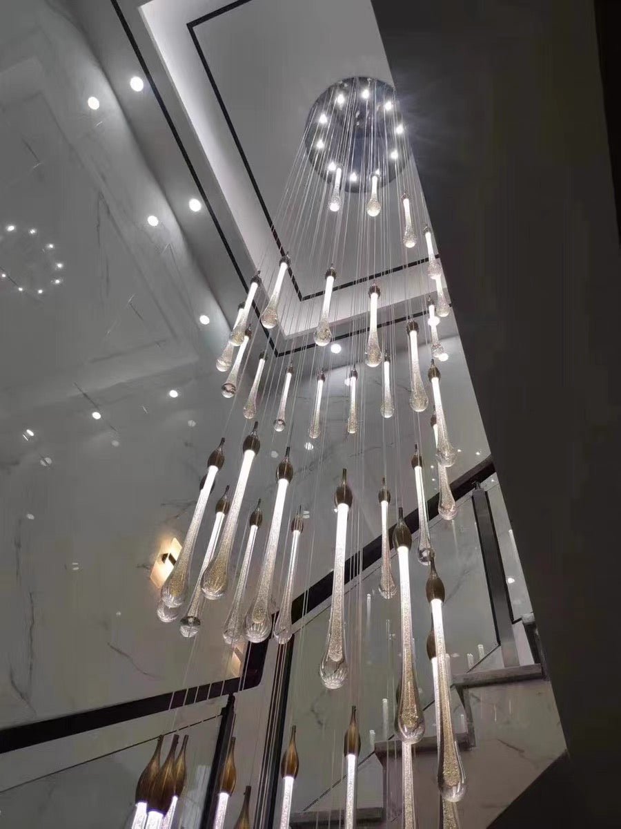 Foyer Glass Drops Pendant Chandelier Spiral Staircase High Ceiling Light Fixture In Gold Finish - 48 Lights/ D39.4"*H118.1"L15.75"Blushlighting