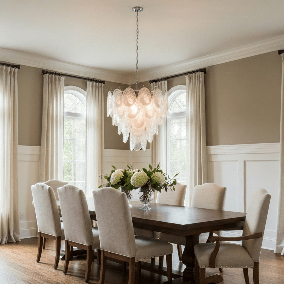 Frostelle Murano Chandelier - ∅ 29.5″ x H 27.6″Nickel & Clear+White glassBlushlighting