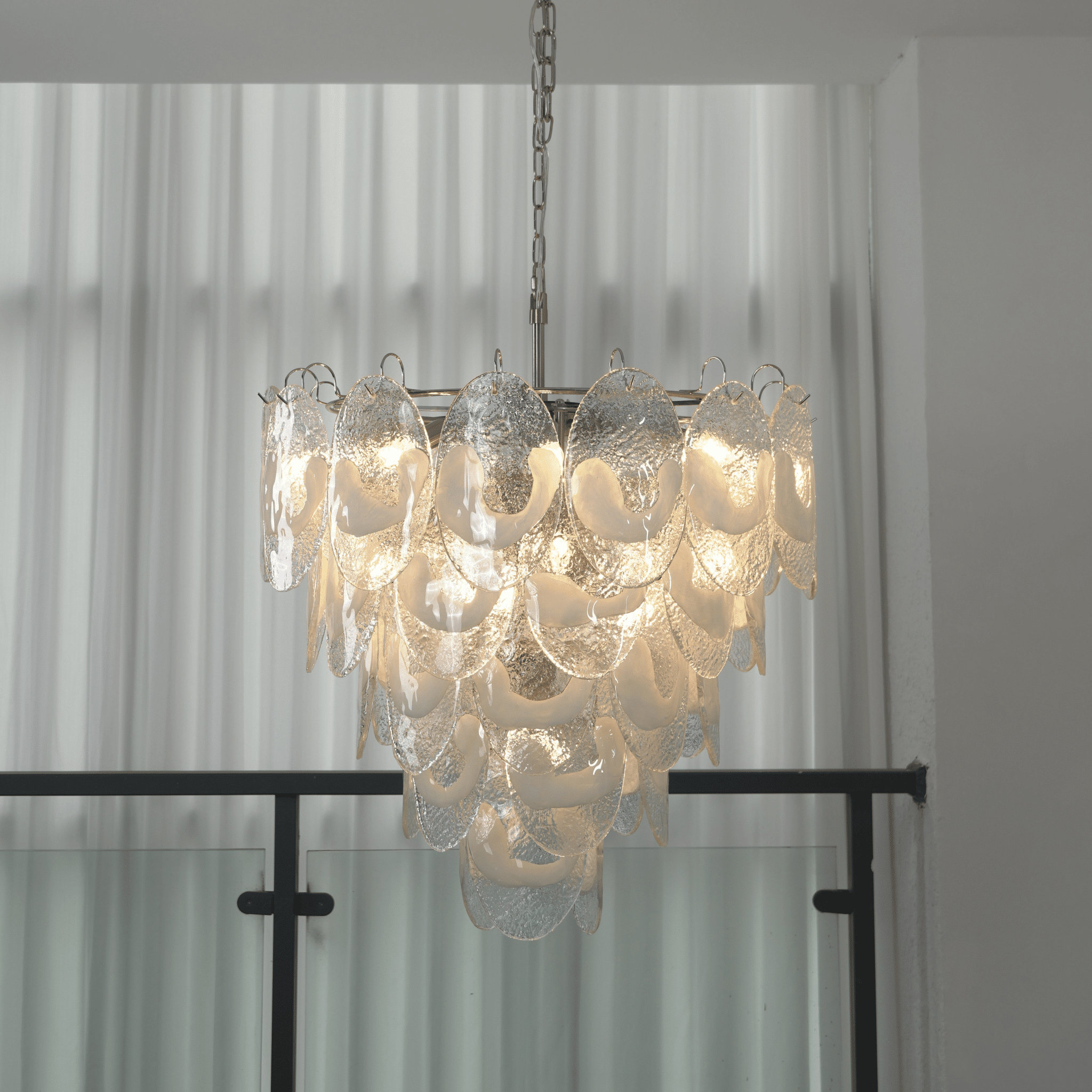 Frostelle Murano Chandelier - ∅ 29.5″ x H 27.6″Nickel & Clear+White glassBlushlighting