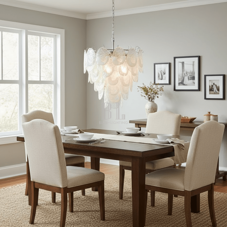 Frostelle Murano Chandelier - ∅ 29.5″ x H 27.6″Nickel & Clear+White glassBlushlighting