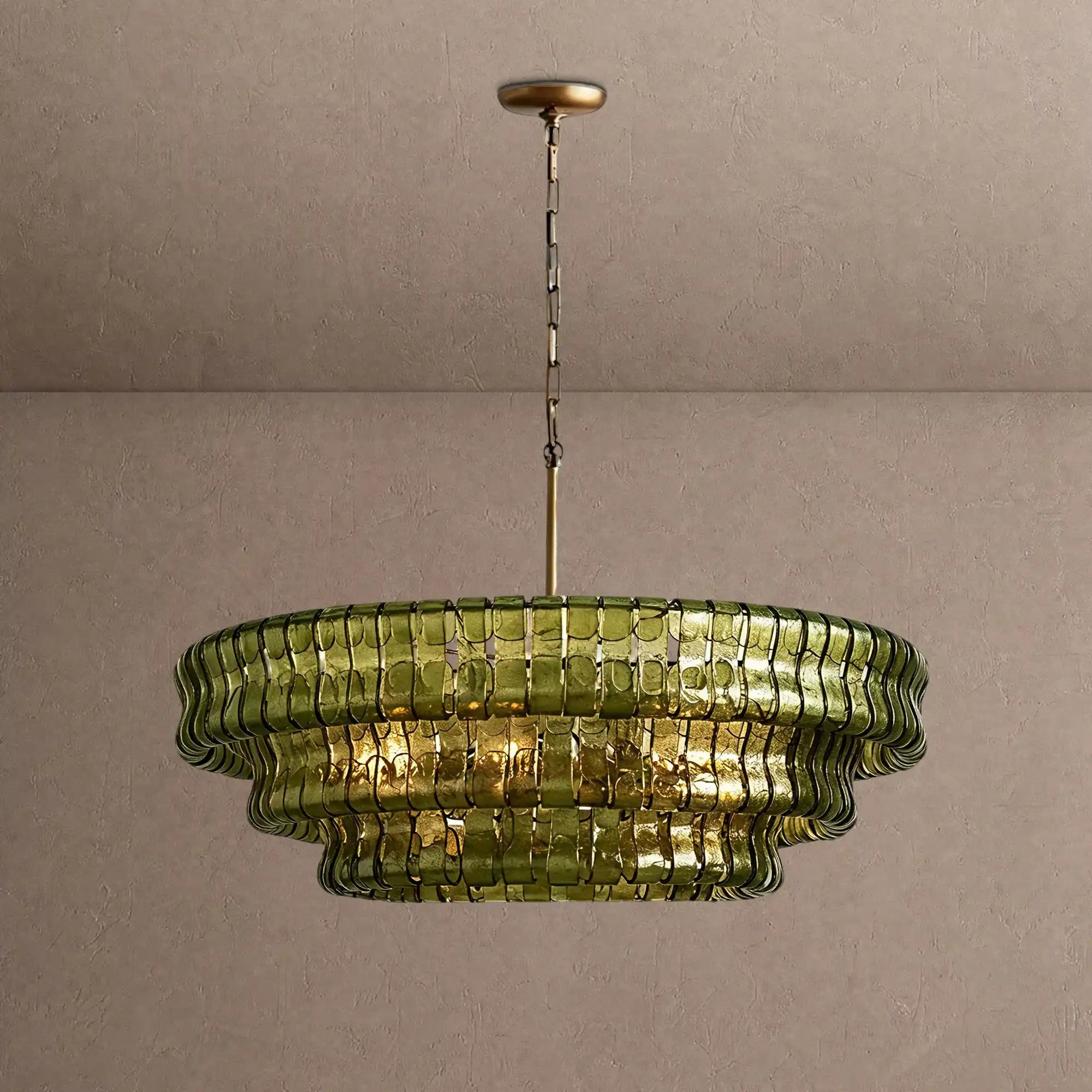 Ghiaccio Glass Round Chandelier 24" 36" 48" 60" - 3-Tier 24"BrassGreenBlushlighting