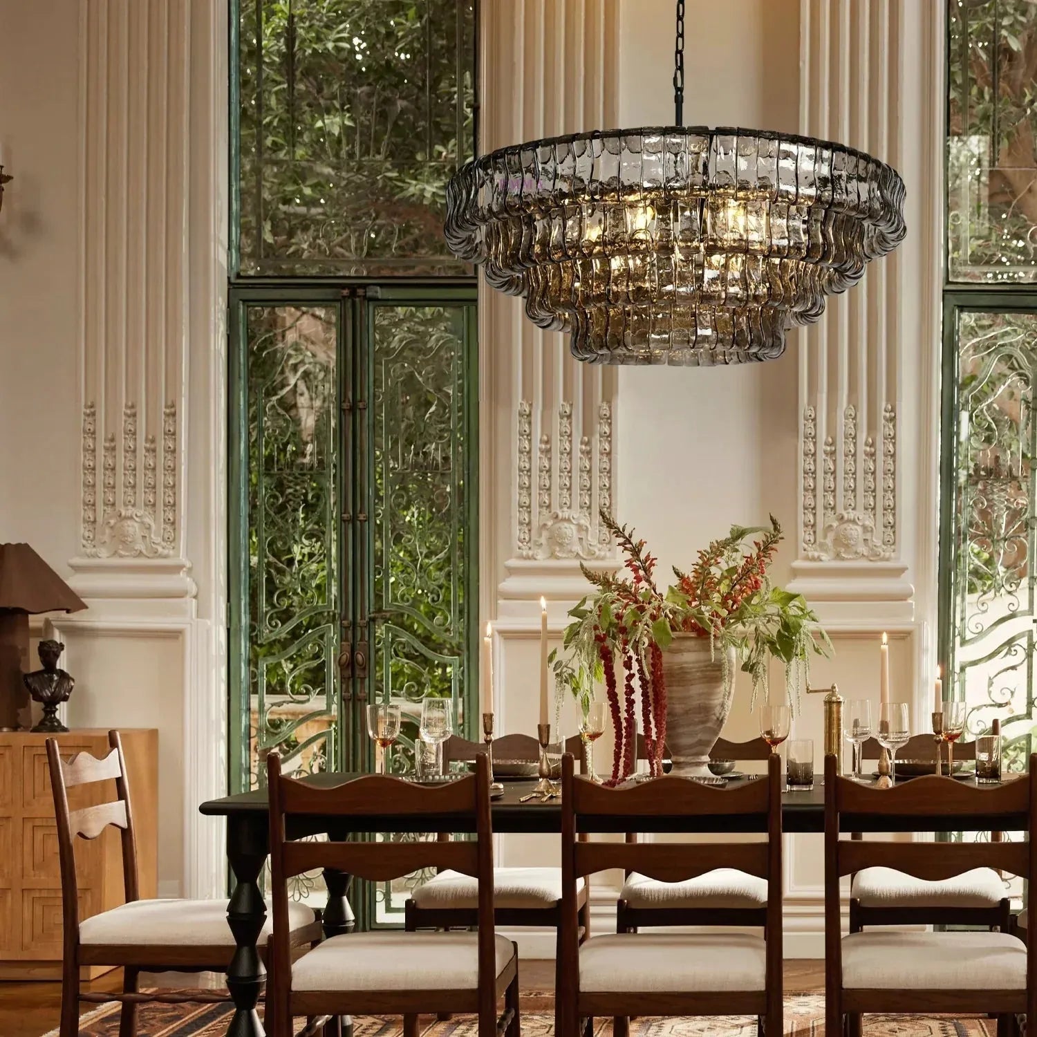 Ghiaccio Glass Round Chandelier 24" 36" 48" 60" - 3 - Tier 24"BronzeSmokeBlushlighting