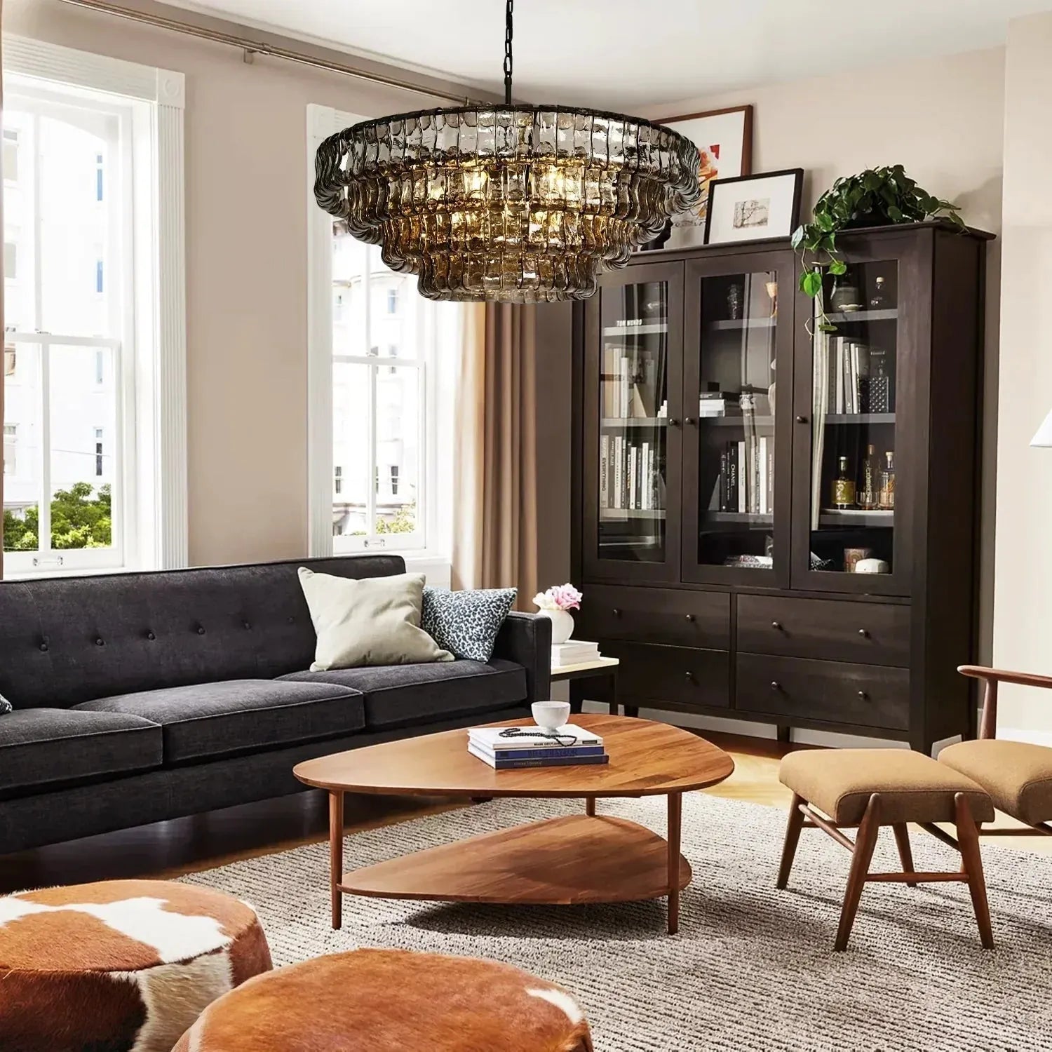 Ghiaccio Glass Round Chandelier 24" 36" 48" 60" - 3 - Tier 24"BronzeSmokeBlushlighting