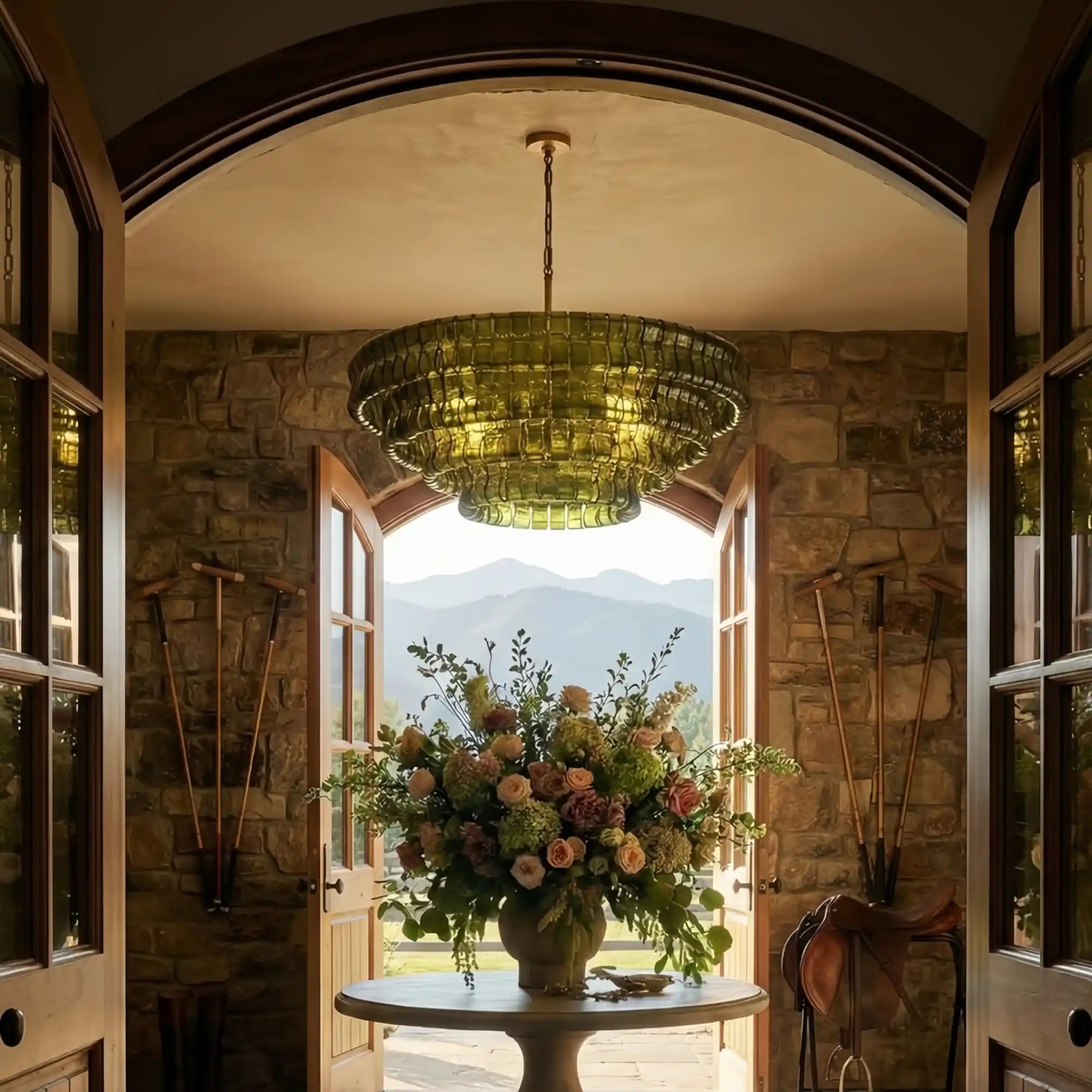 Ghiaccio Glass Round Chandelier 24" 36" 48" 60" - 3 - Tier 24"BronzeGreenBlushlighting