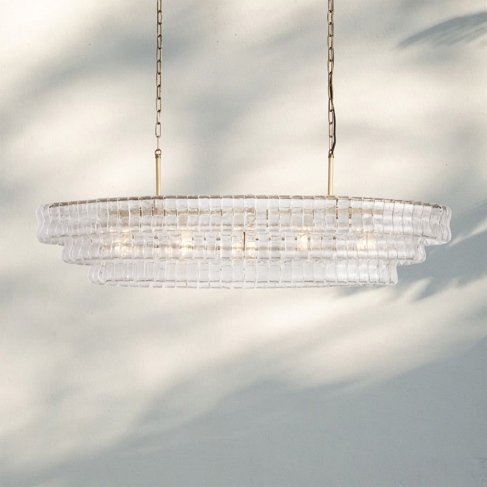 Ghiacio Glass Oval Chandelier 54''65''-Lacquered Burnished Brass-Clear-54"