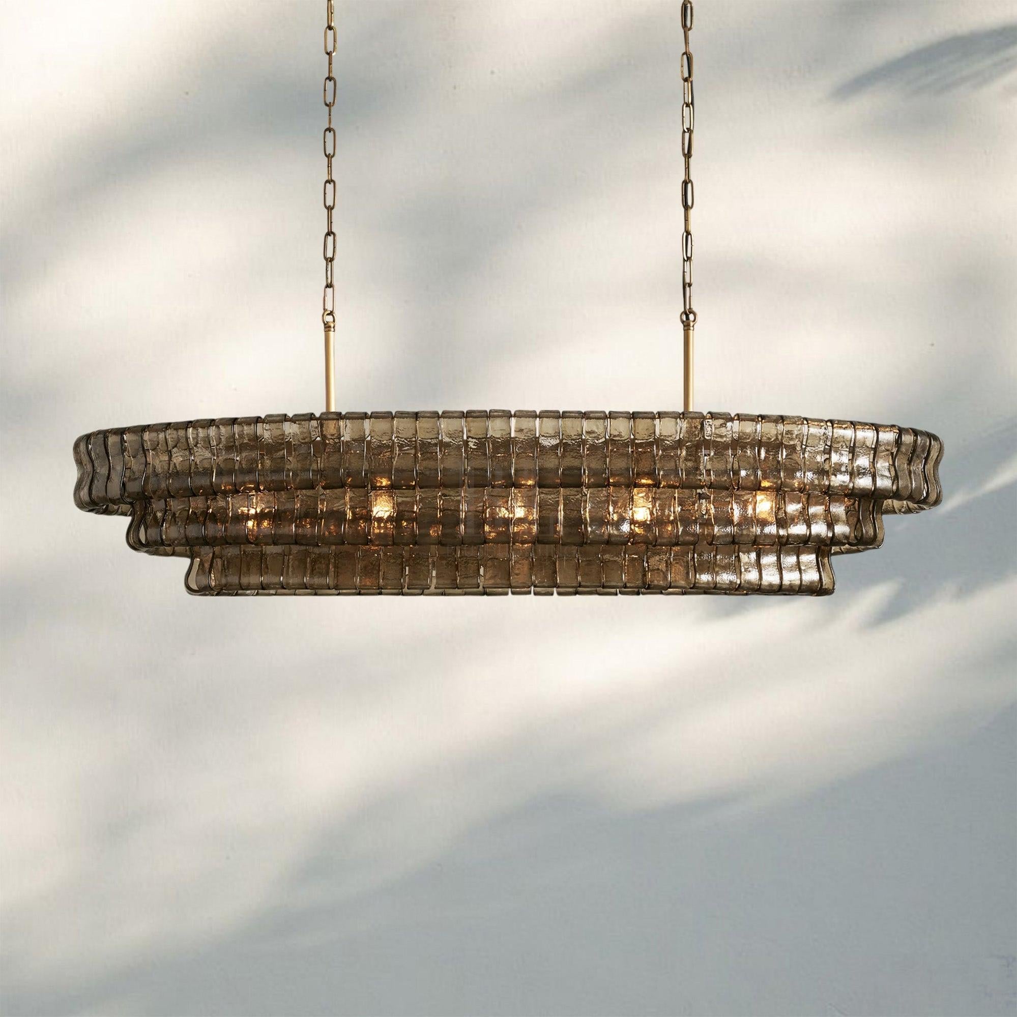 Ghiacio Glass Oval Chandelier 54''65''-Lacquered Burnished Brass-Smoke-54"
