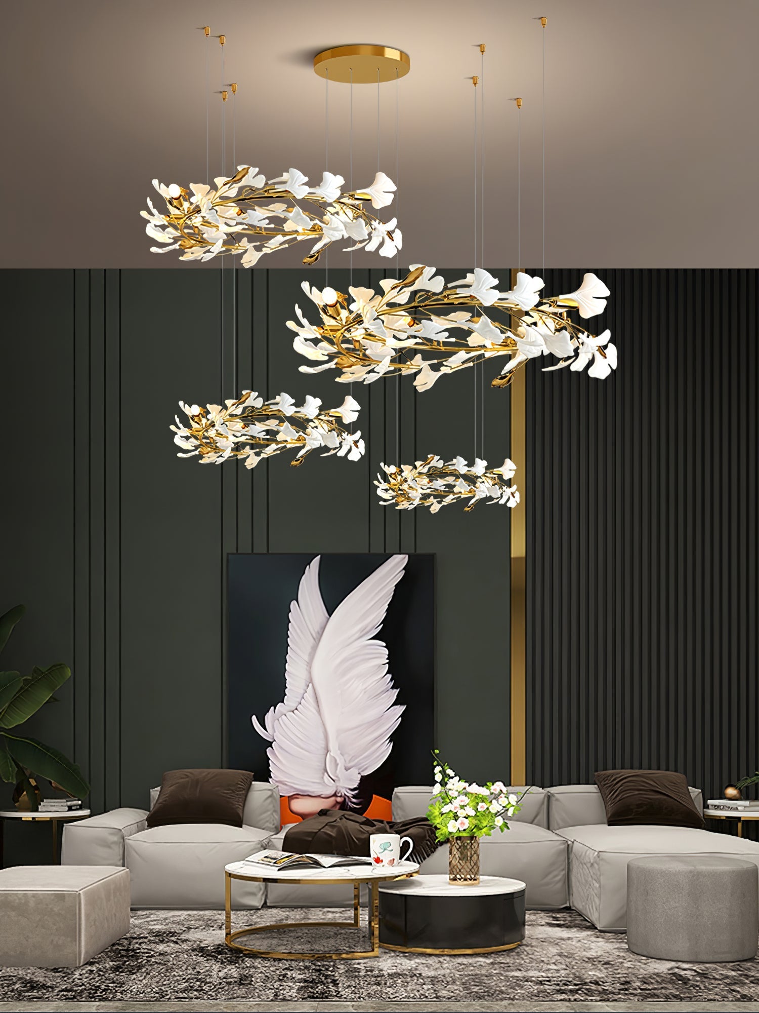 Gingko Leaves Chandelier - L 196.8″ x W 31.5″ x H 59.1″White & GoldBlushlighting