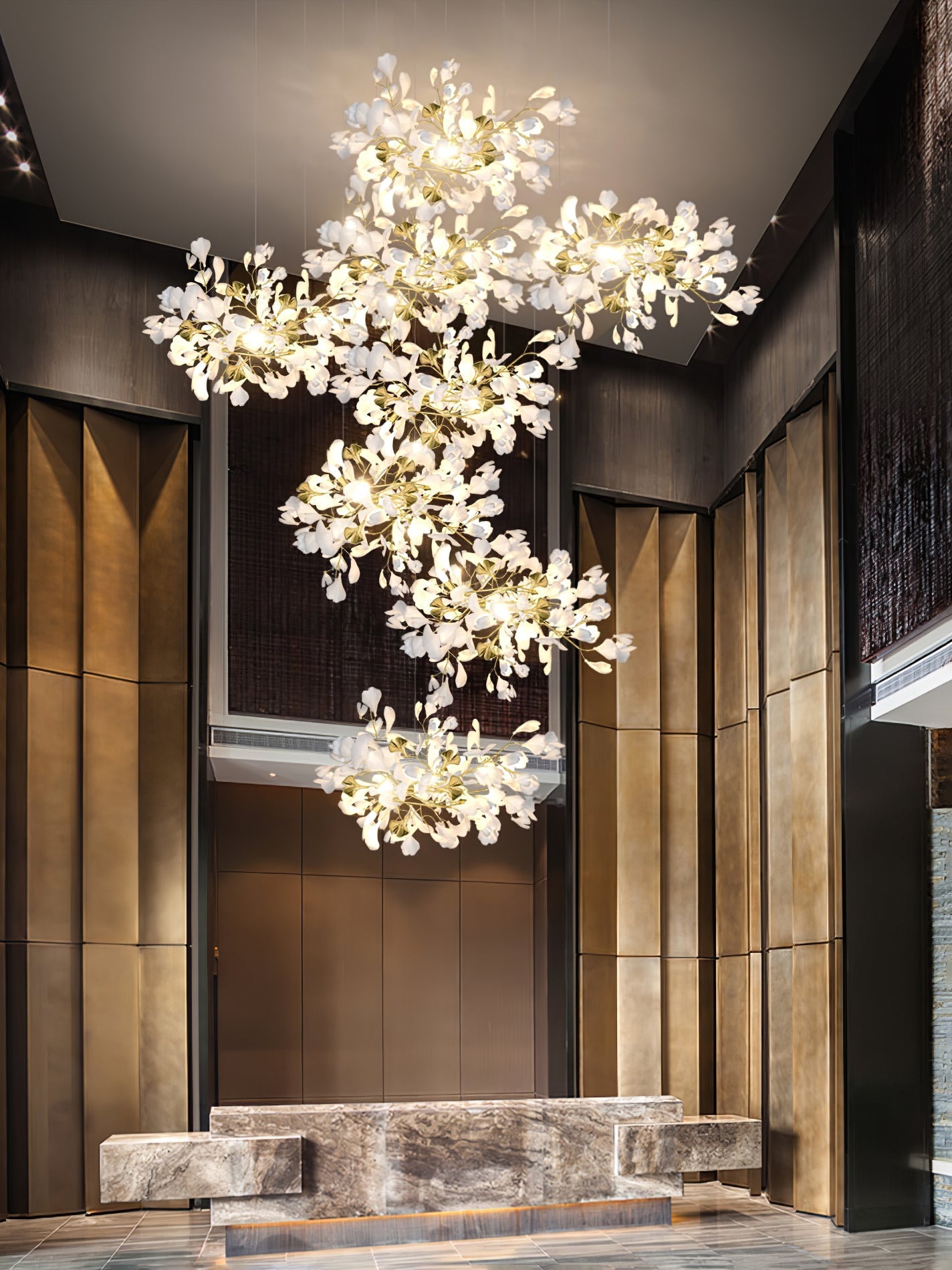 Gingko Leaves Chandelier - L 196.8″ x W 31.5″ x H 59.1″White & GoldBlushlighting