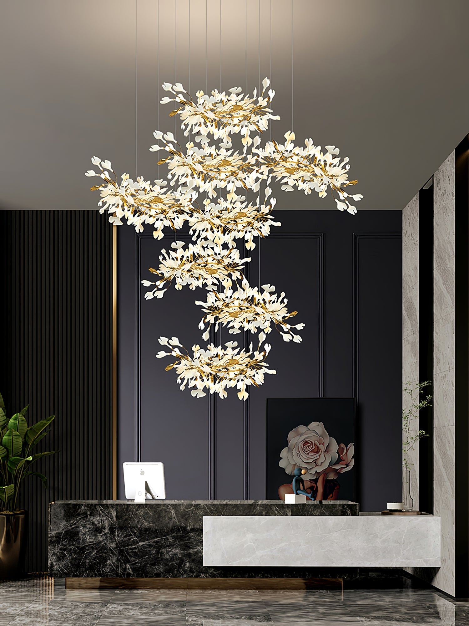 Gingko Leaves Chandelier - L 196.8″ x W 31.5″ x H 59.1″White & GoldBlushlighting