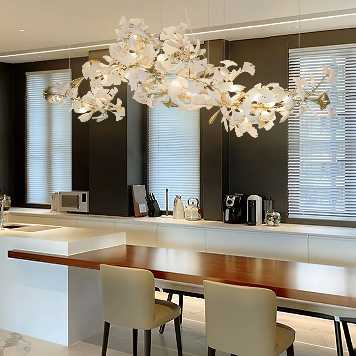 Gingko Leaves Chandelier - L 196.8″ x W 31.5″ x H 59.1″White & GoldBlushlighting