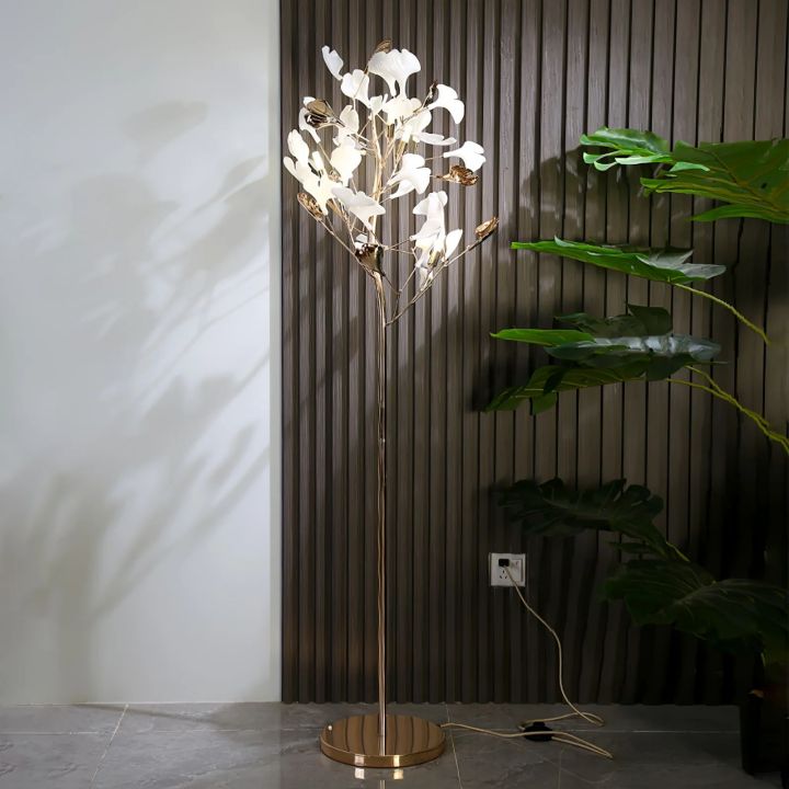 Gliss Gingko Ceramic Leaf Floor Lamp, Modern Stand Lamp - Gold & White Marble BaseBlushlighting