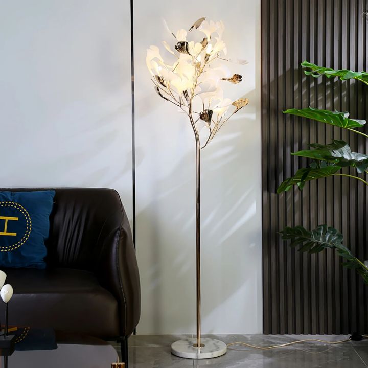 Gliss Gingko Ceramic Leaf Floor Lamp, Modern Stand Lamp - Gold & Gold Metal BaseBlushlighting