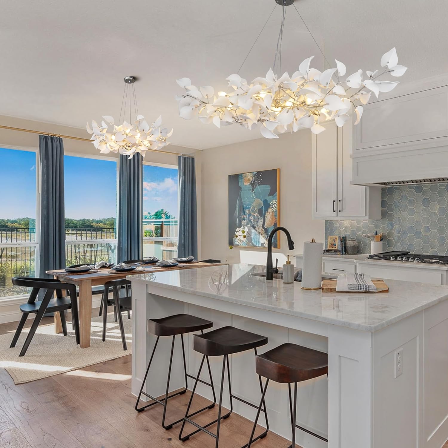 Gold Ceramic Leaf Chandelier 31.5" 6 - Light Modern Round Fixture - SilverD39''Blushlighting