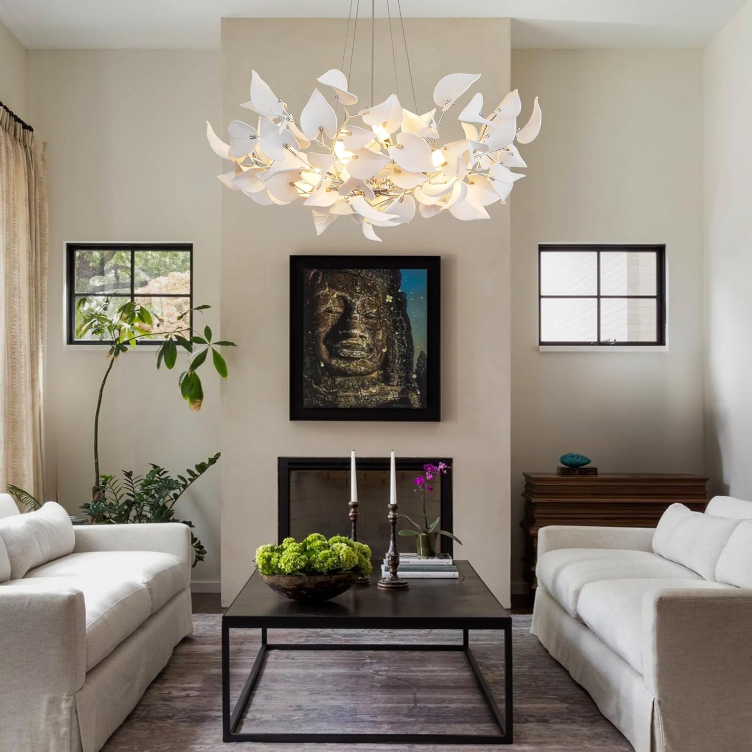 Gold Ceramic Leaf Chandelier 31.5" 6 - Light Modern Round Fixture - SilverD39''Blushlighting