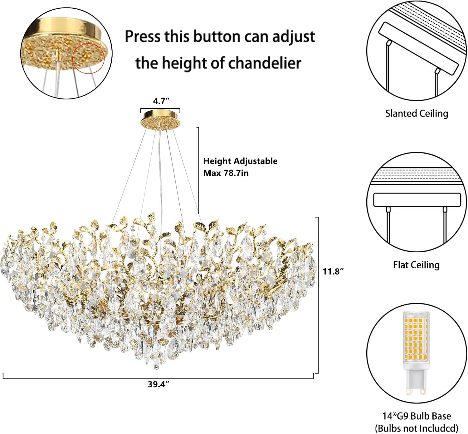 Gold Modern Crystal Tree Branch Leaf Chandelier for Home