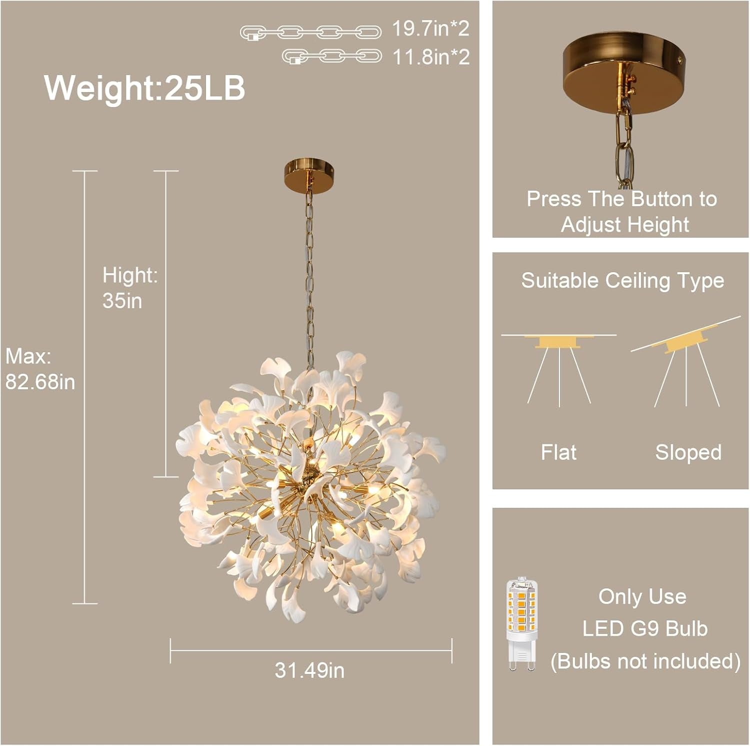 Gold Tree Branches 31" Sputnik Ginkgo Leaf Ceiling Chandelier - Pendant - 31.5inBlushlighting