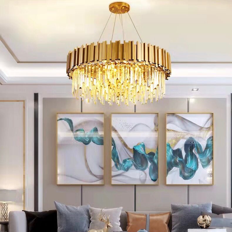 Gold/Silver Round Modern Tiered Metal Crystal Chandelier - Round: 1 Layer D36.2" *H21.6"/15 LightsGoldWhite LightBlushlighting