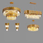 Gold/Silver Round Modern Tiered Metal Crystal Chandelier - Whole Set(Round: 2 Layers D39.4"+Rectangle: L35.5"+2 Layers Wall Light*2+Round: 1 Layer D36.2")GoldWarm LightBlushlighting