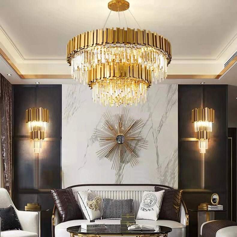 Gold/Silver Round Modern Tiered Metal Crystal Chandelier - Round: 1 Layer D23.6"*H13.8"/9 Lights/27kgSilverWarm LightBlushlighting