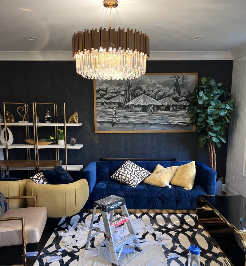 Gold/Silver Round Modern Tiered Metal Crystal Chandelier - Whole Set(Round: 2 Layers D39.4"+Rectangle: L35.5"+2 Layers Wall Light*2+Round: 1 Layer D36.2")GoldWarm LightBlushlighting