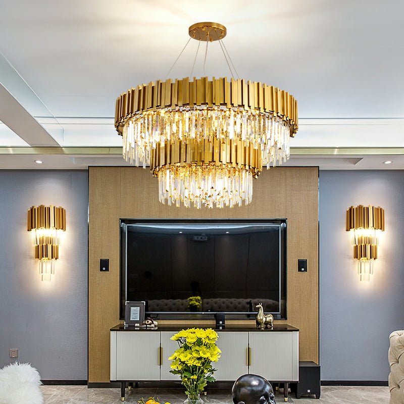 Gold/Silver Round Modern Tiered Metal Crystal Chandelier - Round: 2 Layers D31.5"*H21.6"/15 LightsGoldWarm LightBlushlighting
