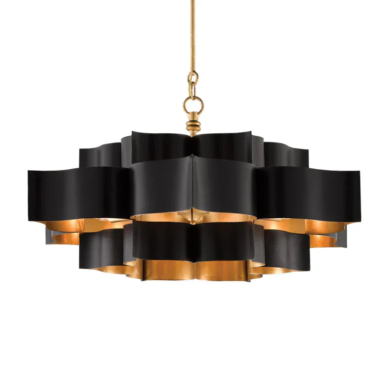 Grand Lotus Large Black Chandelier-Satin Black/Contemporary Gold Leaf-16"h x 30"dia-